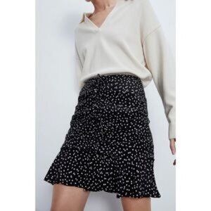 Zara Black & White Polka Dot Draped Ruched Mini Skirt XS